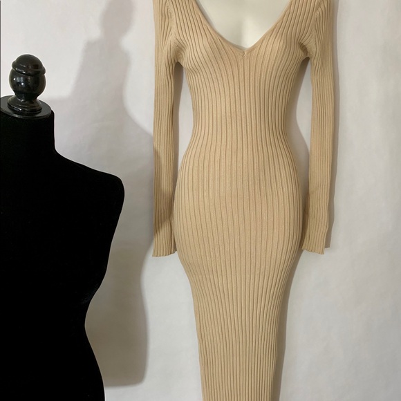 Soft Taupe Off The Shoulder Knit Midi Dress - Picture 8 of 8